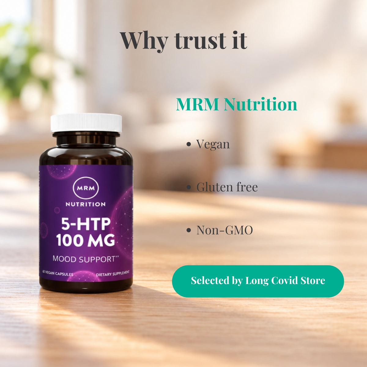 Why trust MRM Nutrition 5-HTP 100 mg: Vegan; Gluten free; Non-GMO