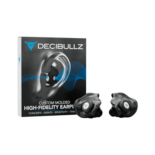 Decibullz Custom Molded High-Fidelity Earplugs — box and black earplugs, front view.