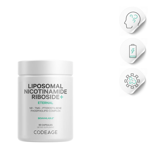 NR+ bottle with brain, energy, and immune icons — supports NAD+ and daily stamina