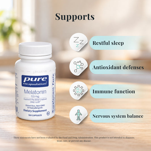 Pure Encapsulations Low Dose Melatonin 0.5 mg with icons showing what it supports: restful sleep, antioxidant defenses, immune function and nervous system balance