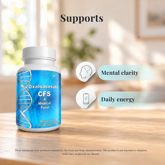 Terra Biological Oxaloacetate CFS 500 mg with icons showing what it supports: mental clarity and daily energy