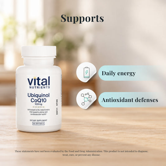 Vital Nutrients Ubiquinol CoQ10 100 mg with icons showing what it supports: daily energy and antioxidant defenses
