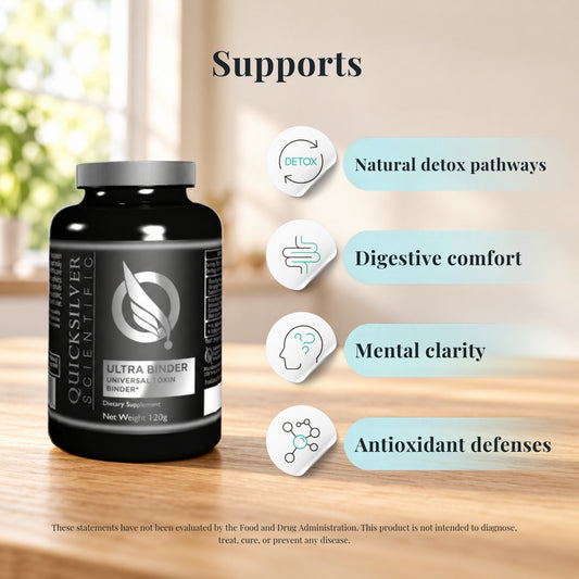 Quicksilver Scientific Ultra Binder Universal Binder with icons showing what it supports: natural detox pathways, digestive comfort, mental clarity and antioxidant defenses