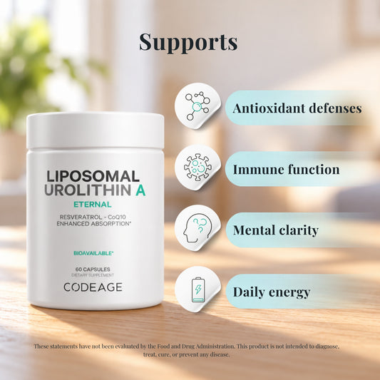 Codeage Urolithin A with icons showing what it supports: antioxidant defenses, immune function, mental clarity and daily energy