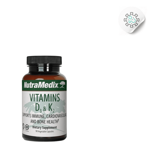 Vitamins D3 & K2 bottle with immune icon — daily capsules for calcium absorption and immune balance