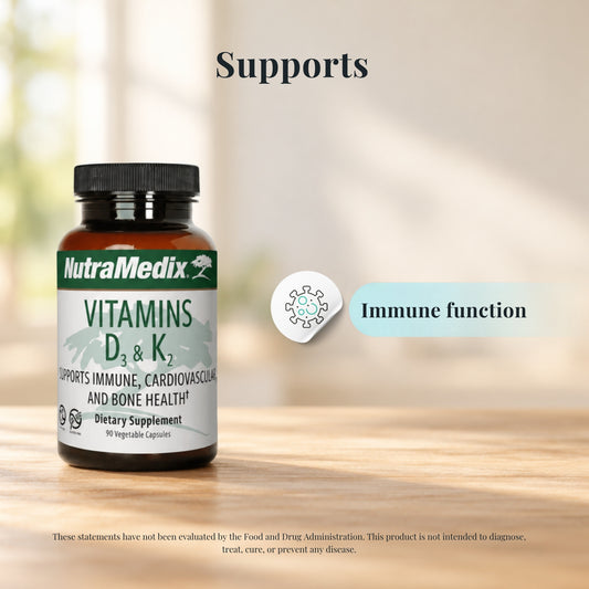 NutraMedix Vitamin D3 & K2 5000 IU with icons showing what it supports: immune function