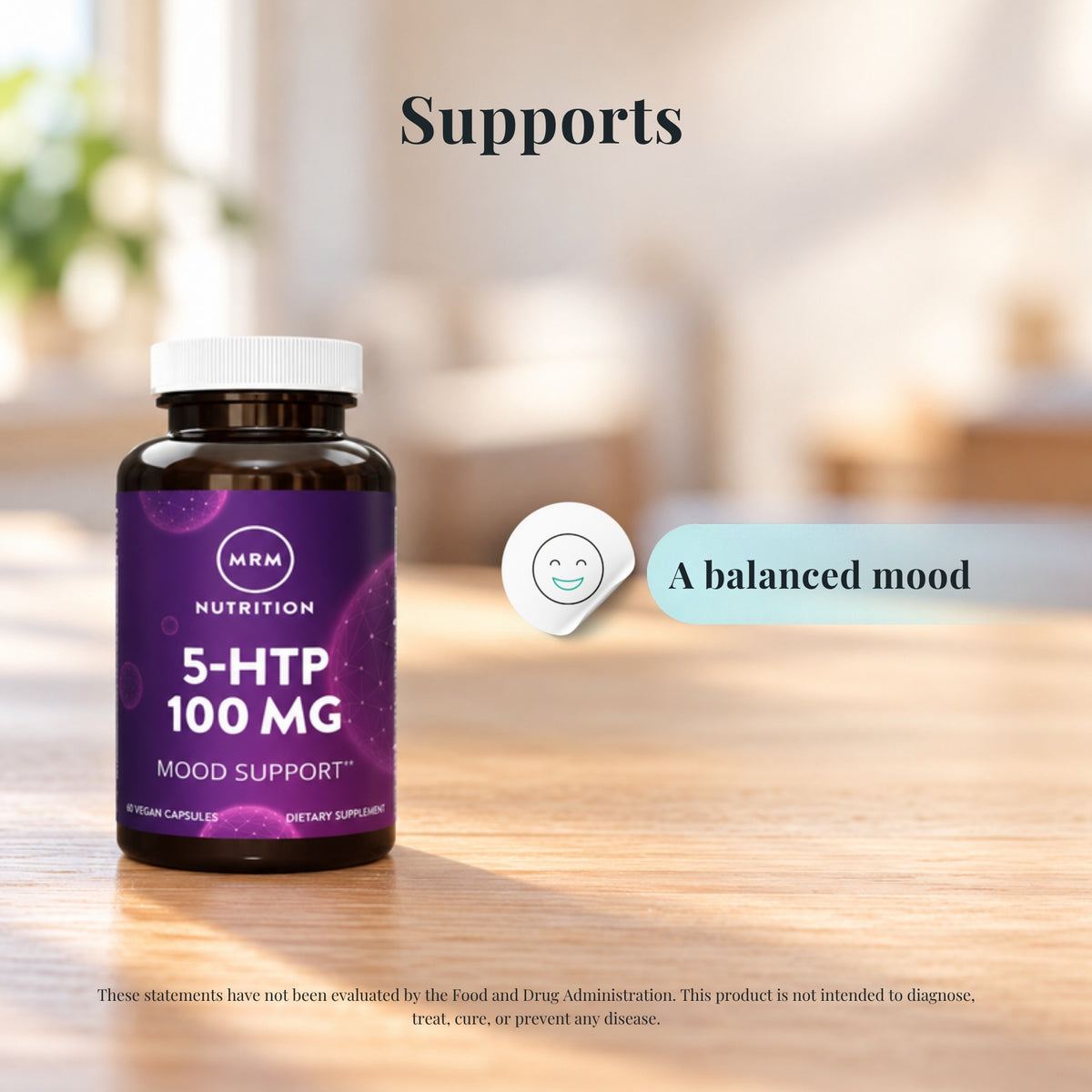 MRM Nutrition 5-HTP 100 mg with icons showing what it supports: a balanced mood