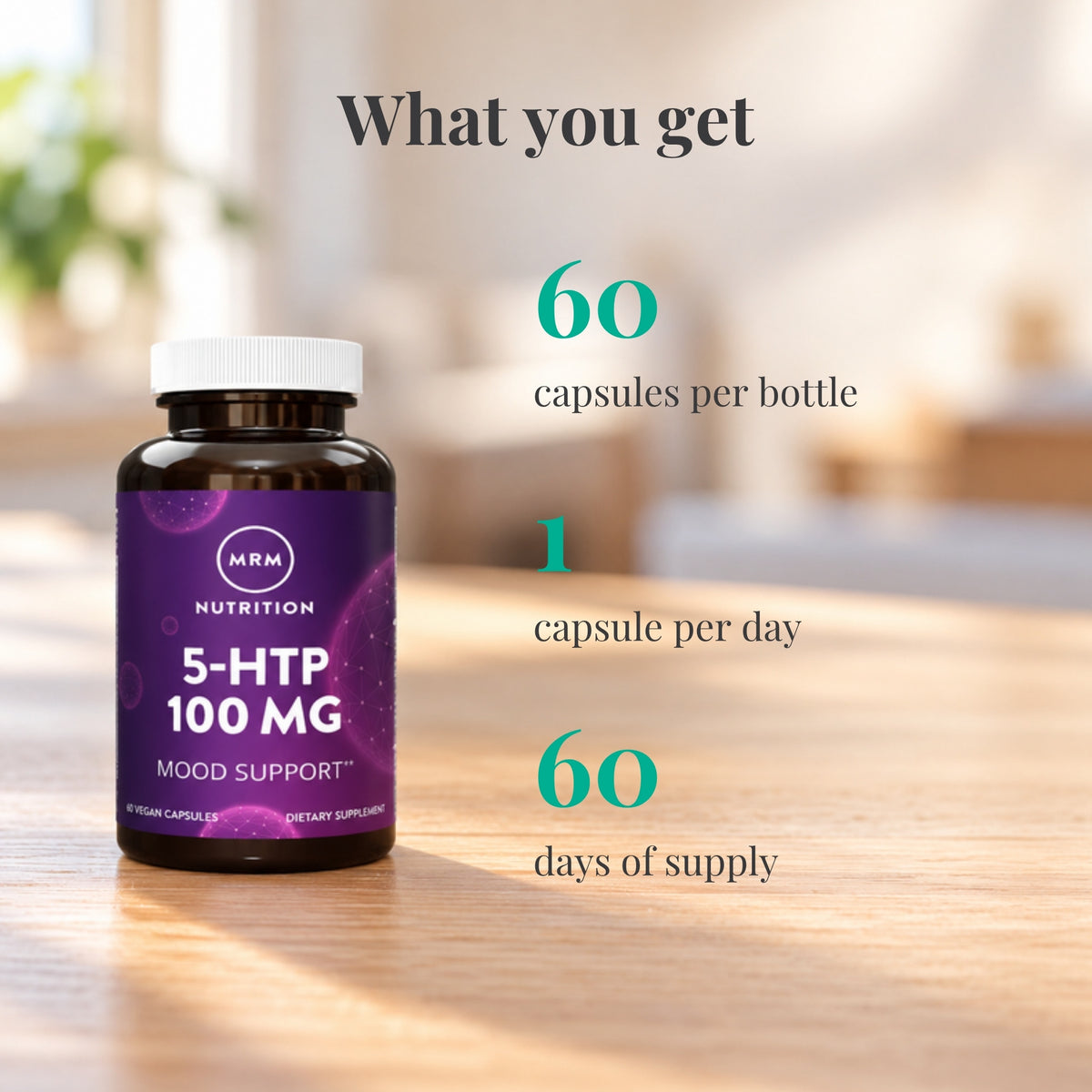 MRM Nutrition 5-HTP 100 mg: 60 capsules per bottle, 1 capsule per day, 60 days of supply