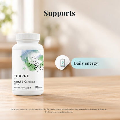 Thorne Acetyl-L-Carnitine 500 mg with icons showing what it supports: daily energy