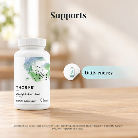 Thorne Acetyl-L-Carnitine 500 mg with icons showing what it supports: daily energy