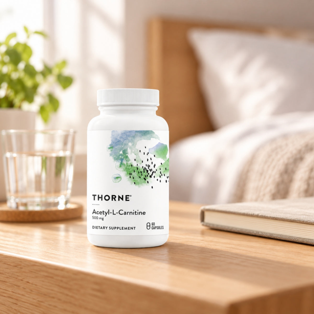 Thorne Acetyl-L-Carnitine 500 mg on a table at home