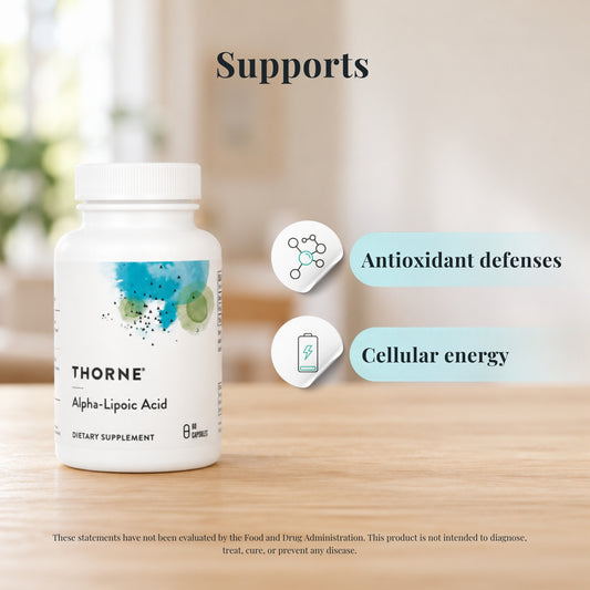 Thorne Alpha-Lipoic Acid 300 mg with icons showing what it supports: antioxidant defenses and cellular energy