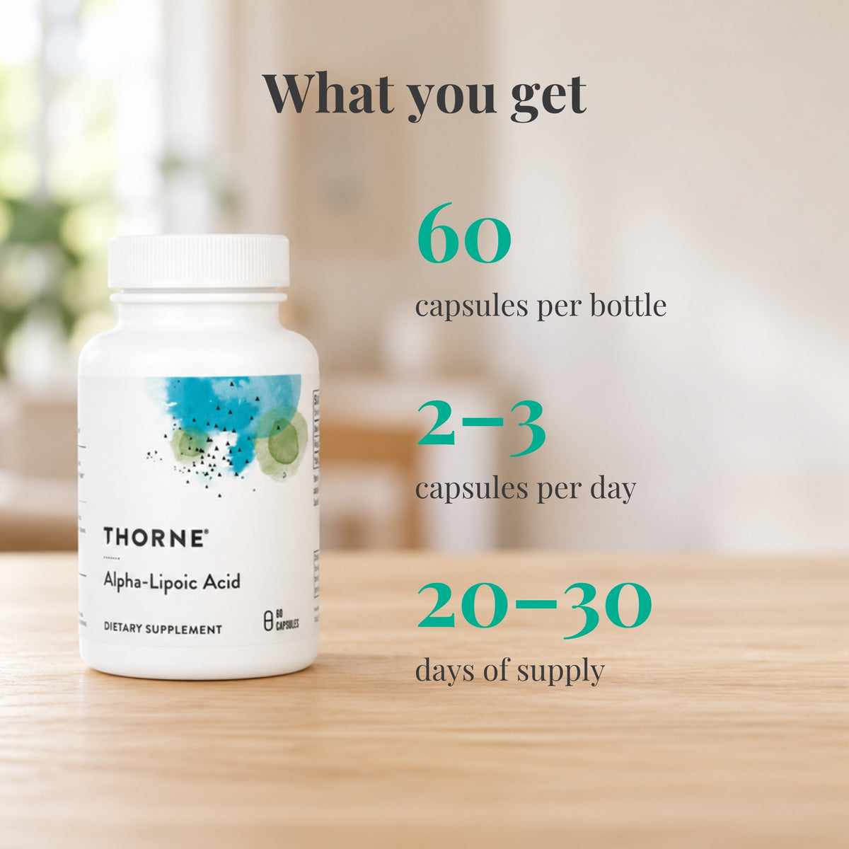 Thorne Alpha-Lipoic Acid 300 mg: 60 capsules per bottle, 2-3 capsules per day, 20-30 days of supply