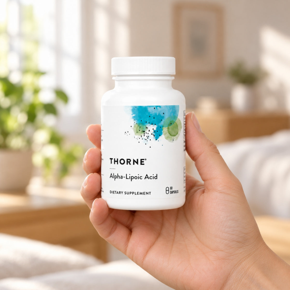 Thorne Alpha-Lipoic Acid 300 mg held in an adult hand to show its size