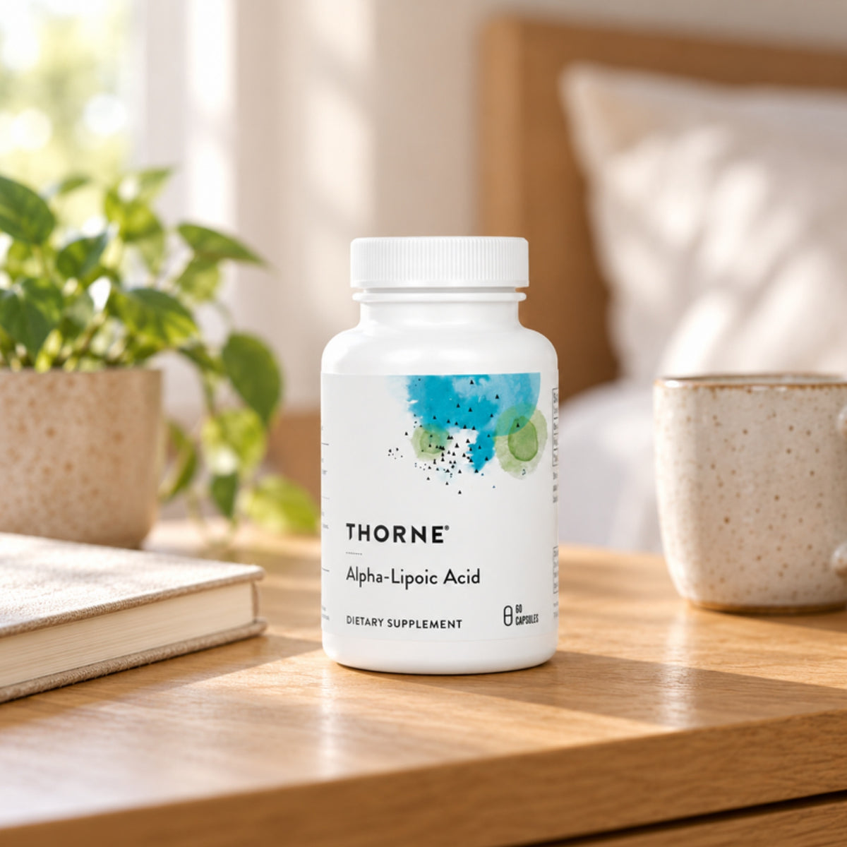Thorne Alpha-Lipoic Acid 300 mg on a table at home