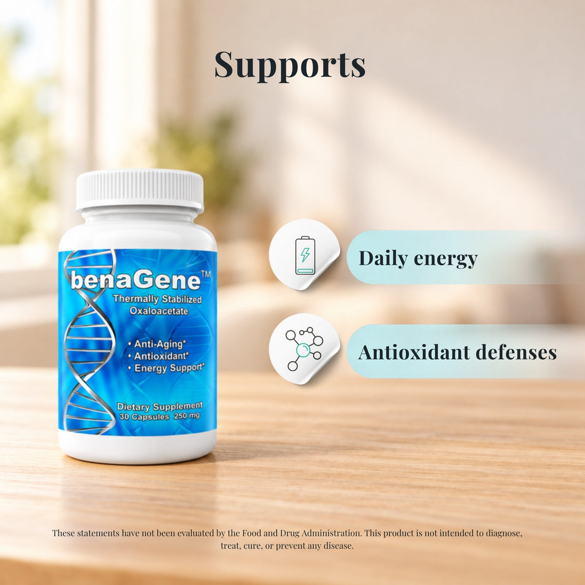 benaGene Oxaloacetate Capsules with icons showing what it supports: daily energy and antioxidant defenses