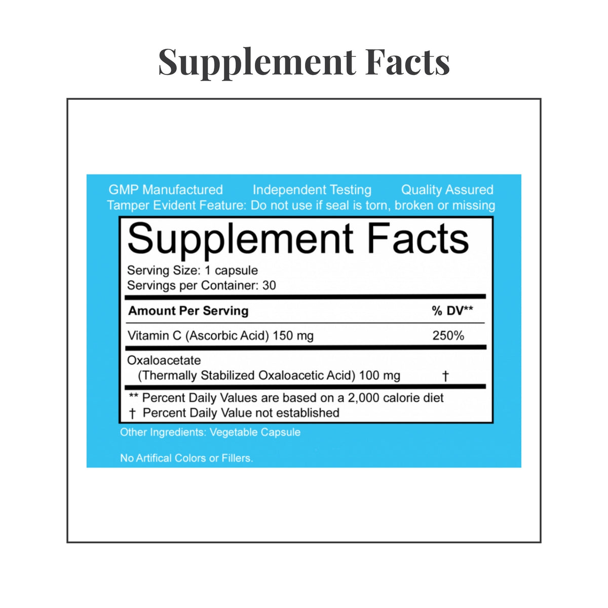 Facts panel from the label of benaGene Oxaloacetate Capsules