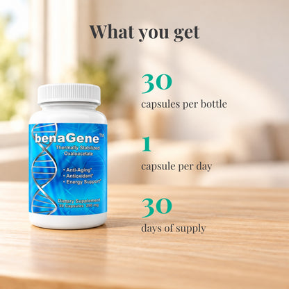 benaGene Oxaloacetate Capsules: 30 capsules per bottle, 1 capsule per day, 30 days of supply