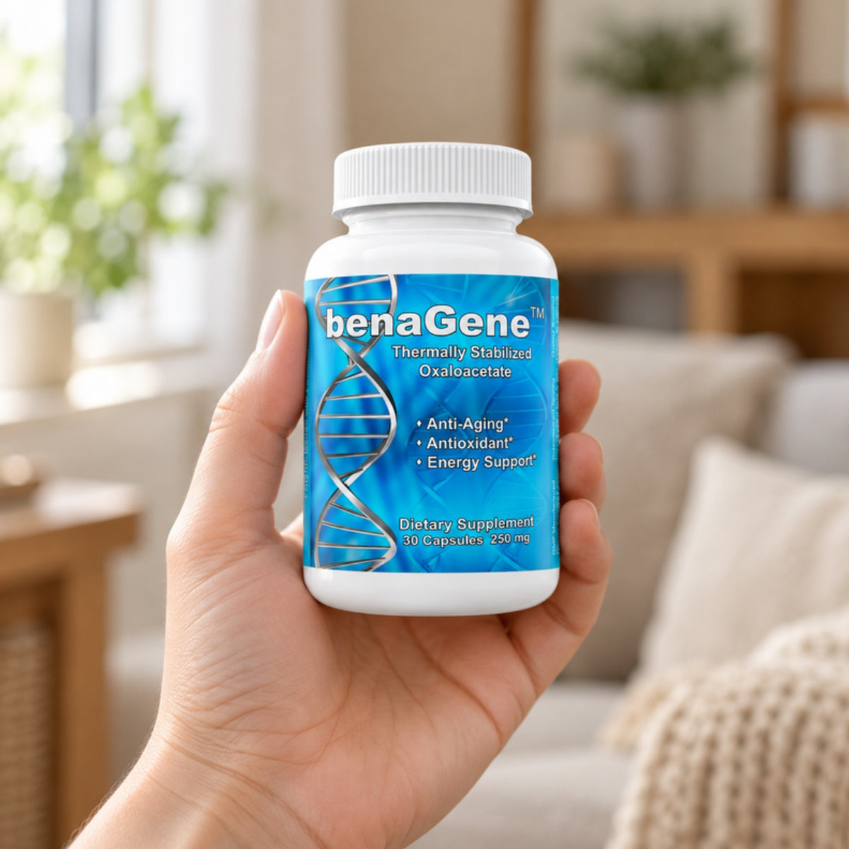 benaGene Oxaloacetate Capsules held in an adult hand to show its size