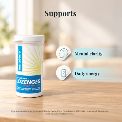 benaGene Oxaloacetate Lozenges with icons showing what it supports: mental clarity and daily energy