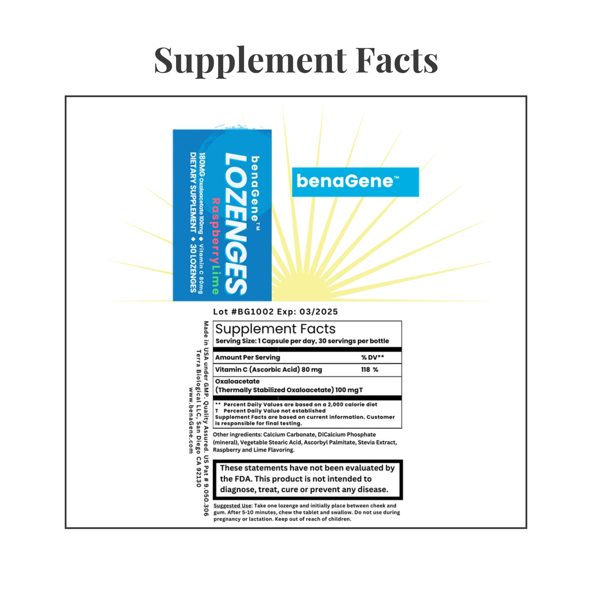 Facts panel from the label of benaGene Oxaloacetate Lozenges