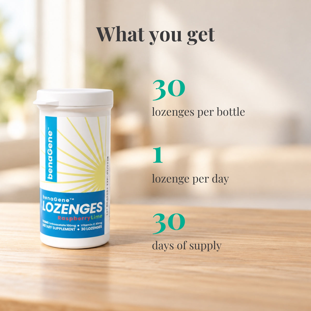 benaGene Oxaloacetate Lozenges: 30 lozenges per bottle, 1 lozenge per day, 30 days of supply