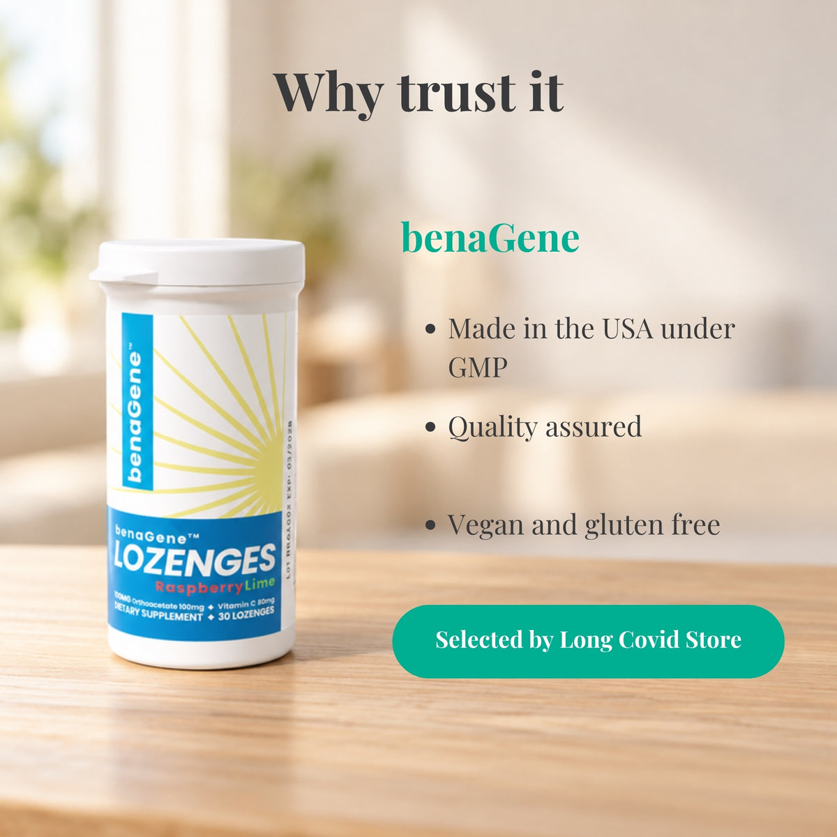 Why trust benaGene Oxaloacetate Lozenges: Made in the USA under GMP; Quality assured; Vegan and gluten free
