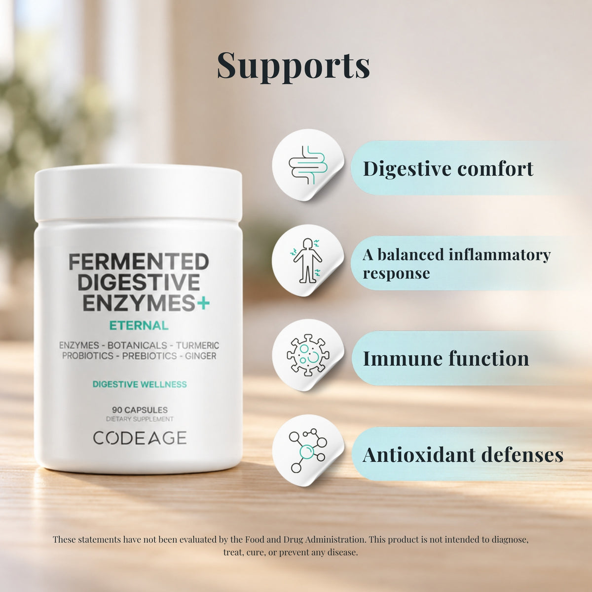 Codeage Fermented Digestive Enzymes with icons showing what it supports: digestive comfort, a balanced inflammatory response, immune function and antioxidant defenses