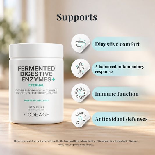Codeage Fermented Digestive Enzymes with icons showing what it supports: digestive comfort, a balanced inflammatory response, immune function and antioxidant defenses