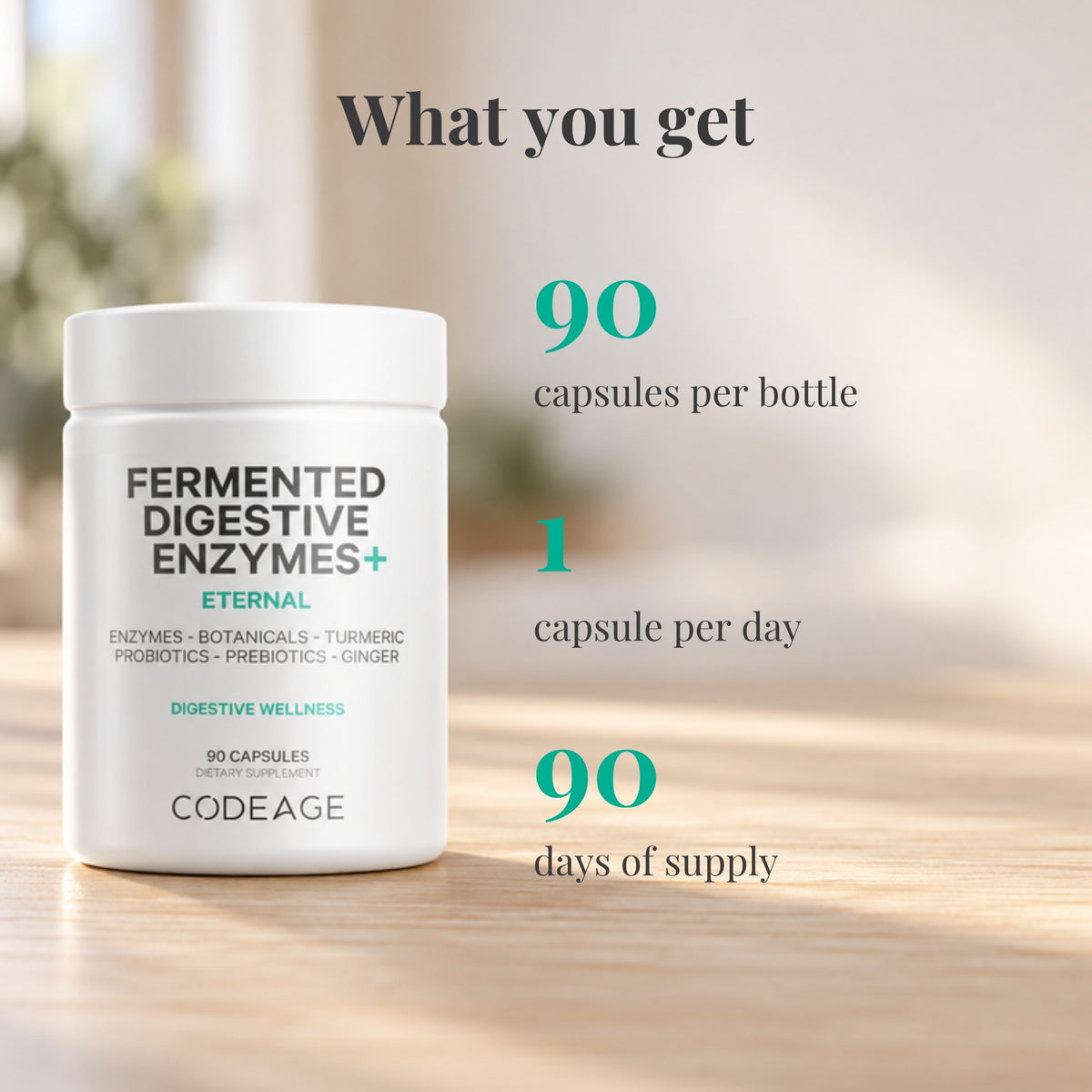 Codeage Fermented Digestive Enzymes: 90 capsules per bottle, 1 capsule per day, 90 days of supply