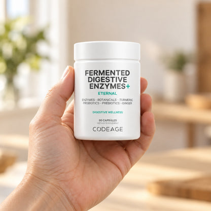 Codeage Fermented Digestive Enzymes held in an adult hand to show its size