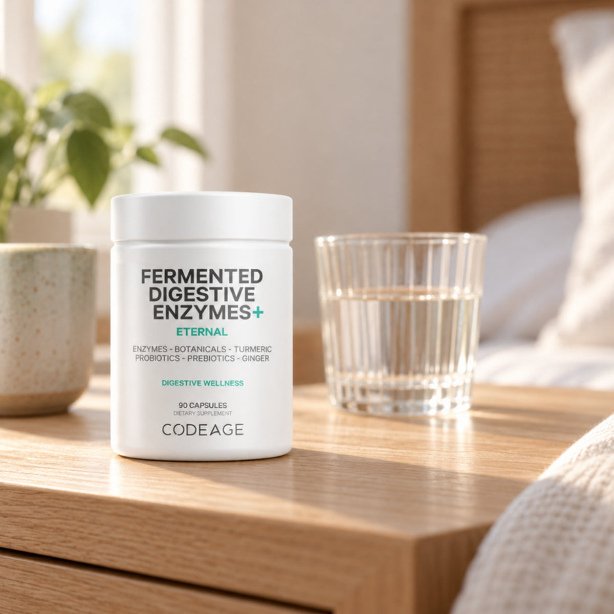 Codeage Fermented Digestive Enzymes on a table at home