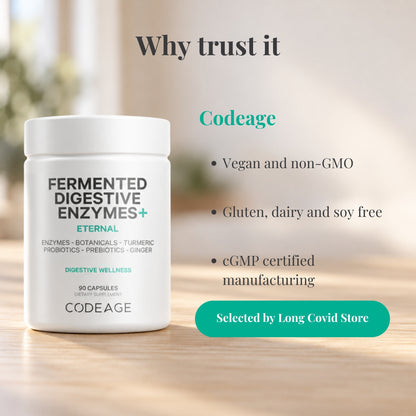 Why trust Codeage Fermented Digestive Enzymes: Vegan and non-GMO; Gluten, dairy and soy free; cGMP certified manufacturing