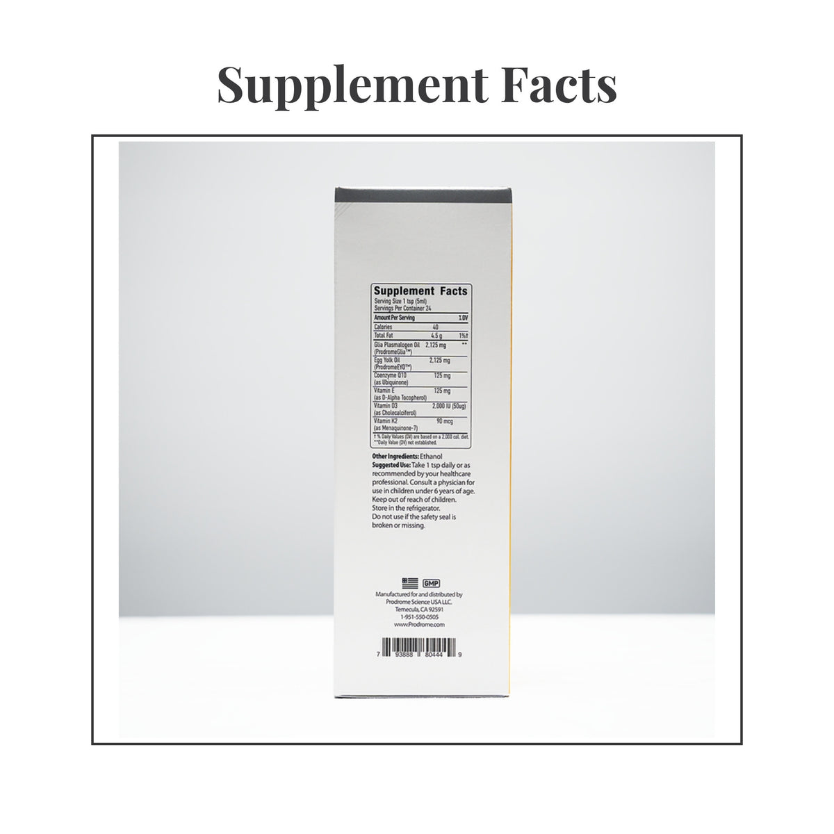 Facts panel from the label of Prodrome Sciences Glia PC+ Egg Yolk Oil 120 mL