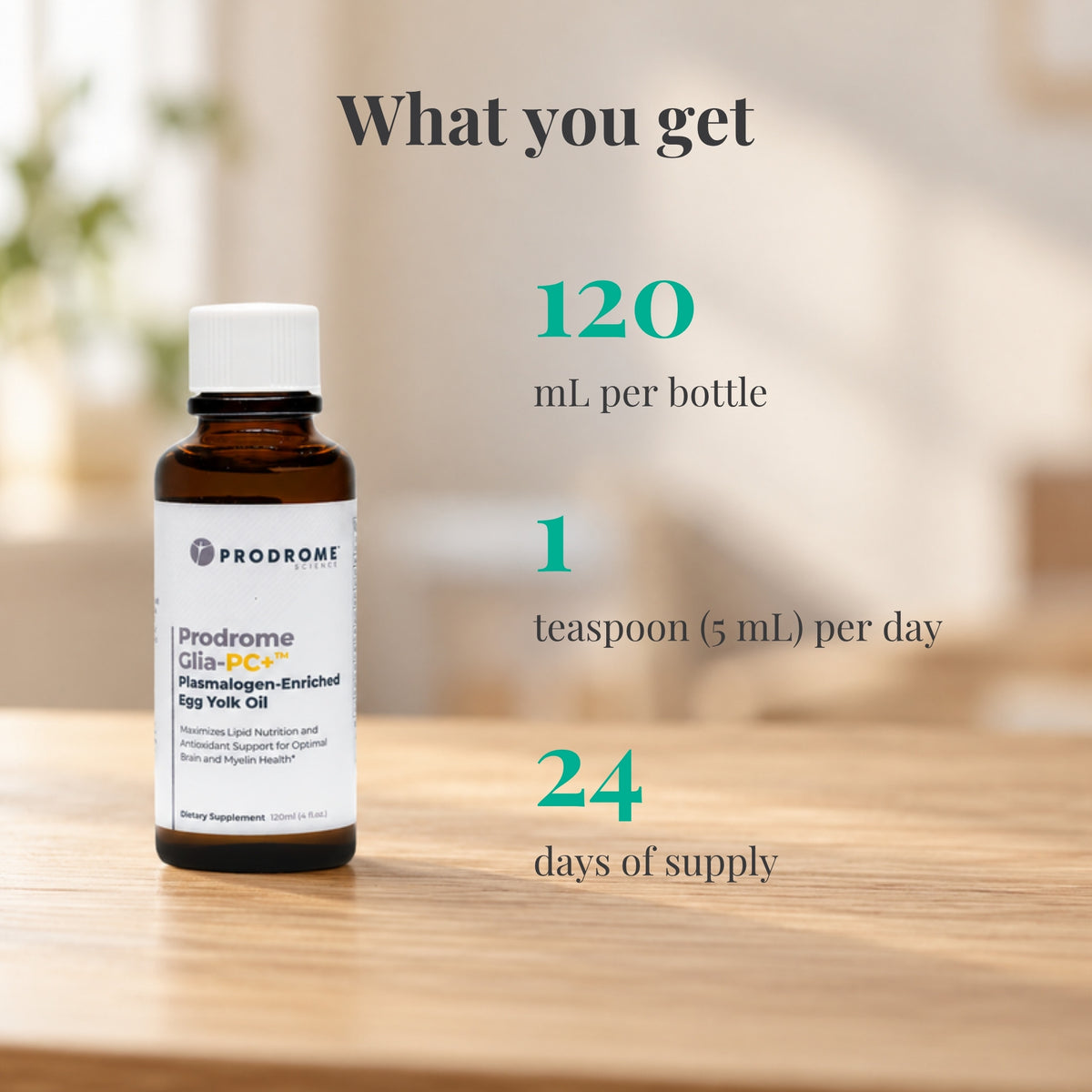 Prodrome Sciences Glia PC+ Egg Yolk Oil 120 mL: 120 mL per bottle, 1 teaspoon (5 mL) per day, 24 days of supply
