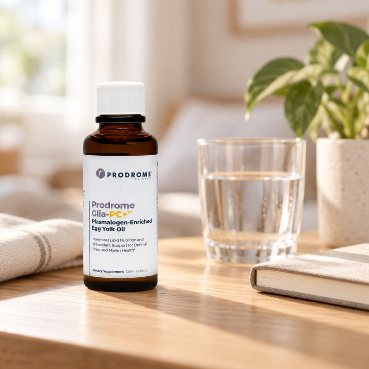 Prodrome Sciences Glia PC+ Egg Yolk Oil 120 mL on a table at home