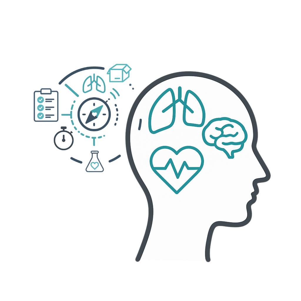 Illustration of how the Long Covid Store works: curated checklist, shipping parcel and research beaker heart with a small compass.