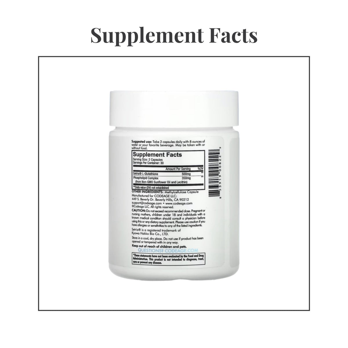 Facts panel from the label of Codeage Liposomal Glutathione