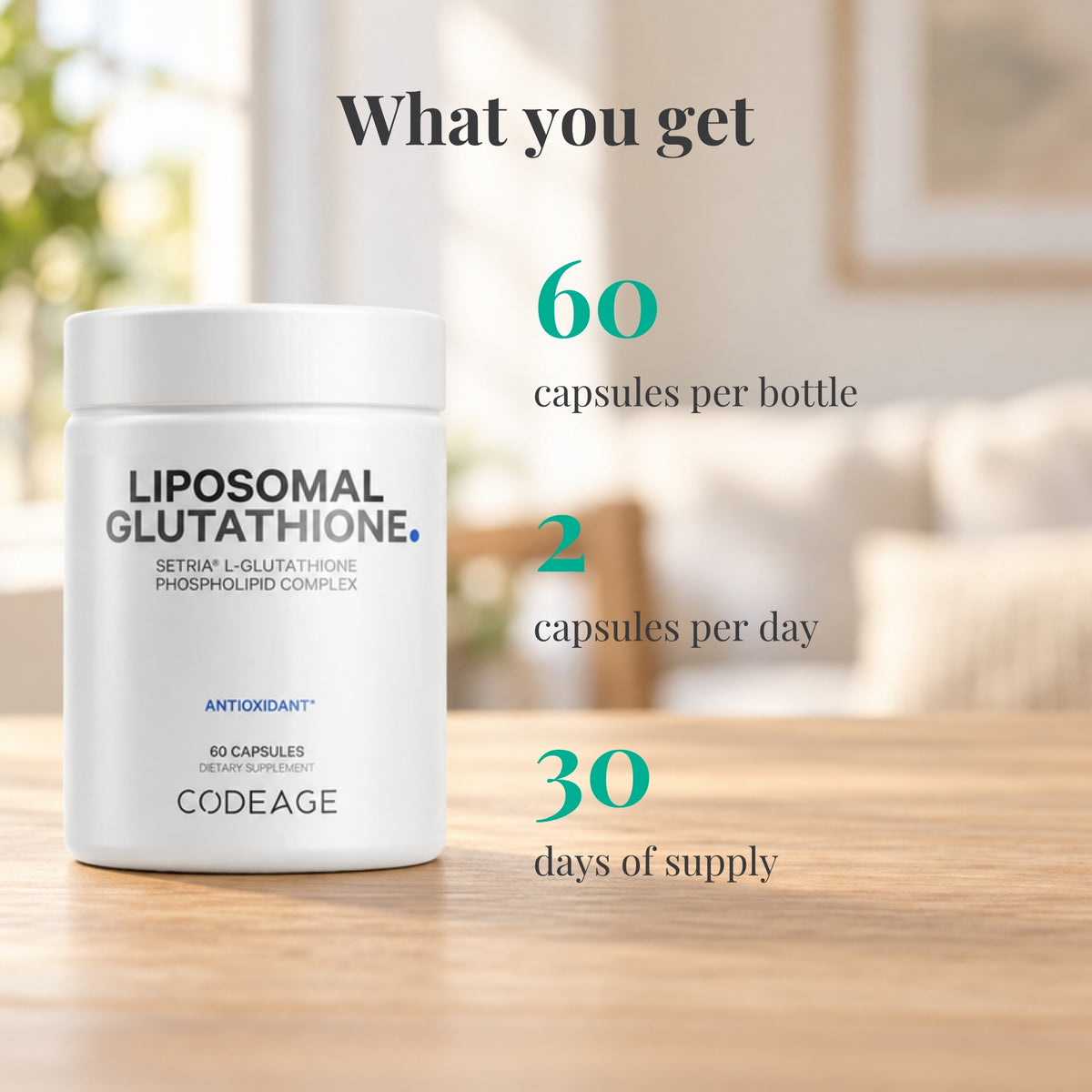 Codeage Liposomal Glutathione: 60 capsules per bottle, 2 capsules per day, 30 days of supply
