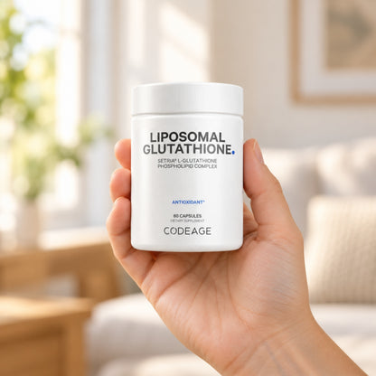 Codeage Liposomal Glutathione held in an adult hand to show its size