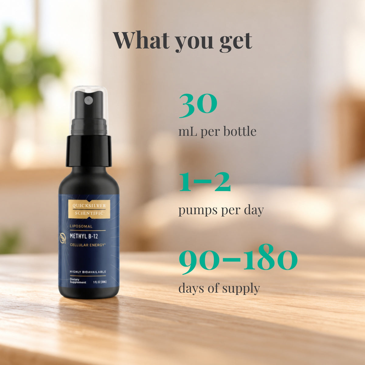 Quicksilver Scientific Liposomal Methyl B-12: 30 mL per bottle, 1-2 pumps per day, 90-180 days of supply