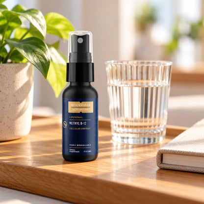 Quicksilver Scientific Liposomal Methyl B-12 on a table at home