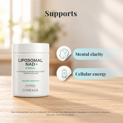 Codeage Liposomal NAD+ with icons showing what it supports: mental clarity and cellular energy