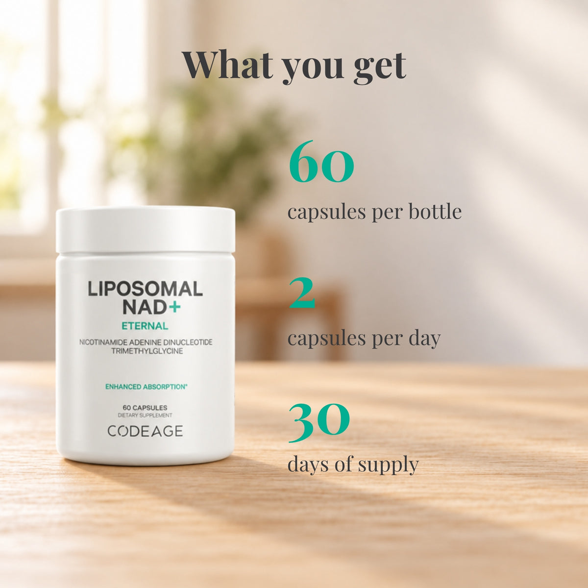 Codeage Liposomal NAD+: 60 capsules per bottle, 2 capsules per day, 30 days of supply