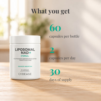 Codeage Liposomal NAD+: 60 capsules per bottle, 2 capsules per day, 30 days of supply