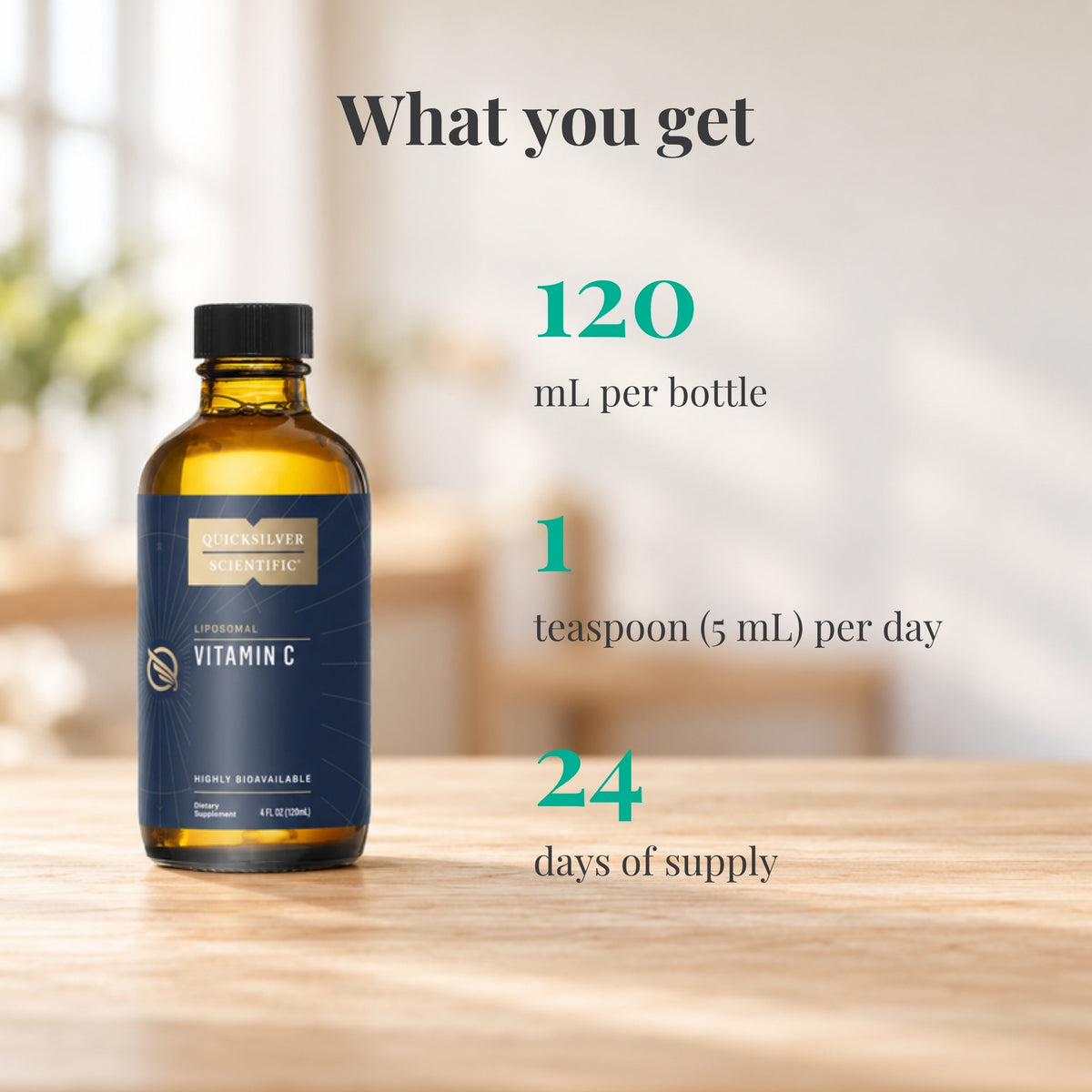 Quicksilver Scientific Liposomal Vitamin C: 120 mL per bottle, 1 teaspoon (5 mL) per day, 24 days of supply