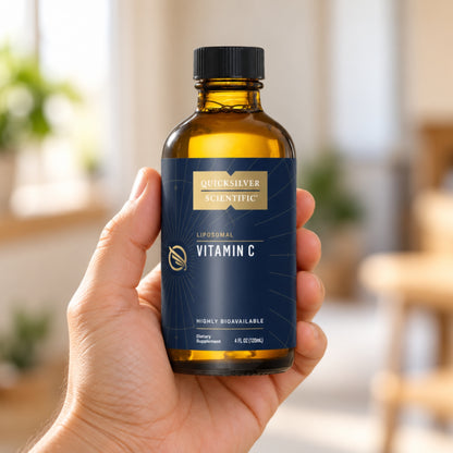 Quicksilver Scientific Liposomal Vitamin C held in an adult hand to show its size