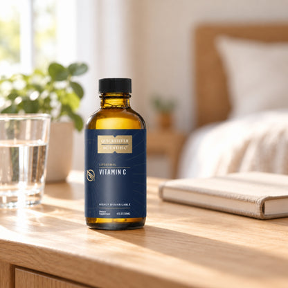 Quicksilver Scientific Liposomal Vitamin C on a table at home
