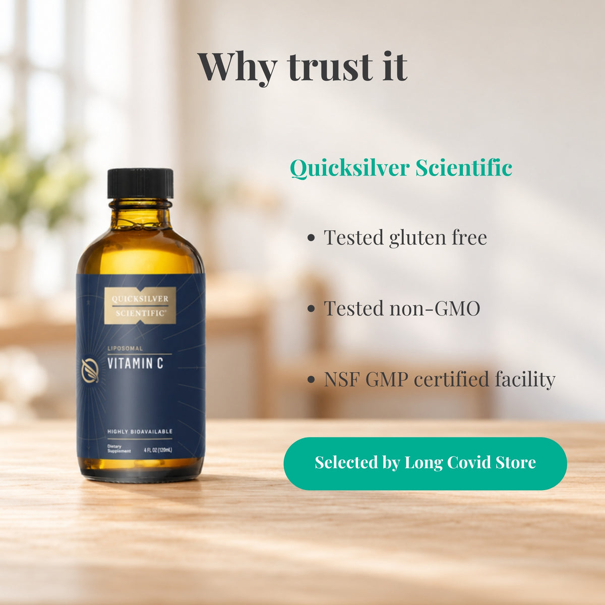 Why trust Quicksilver Scientific Liposomal Vitamin C: Tested gluten free; Tested non-GMO; NSF GMP certified facility