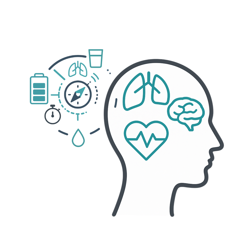 Illustration for Managing Long Covid symptoms: head with organs, pacing stopwatch, energy battery and hydration icon.